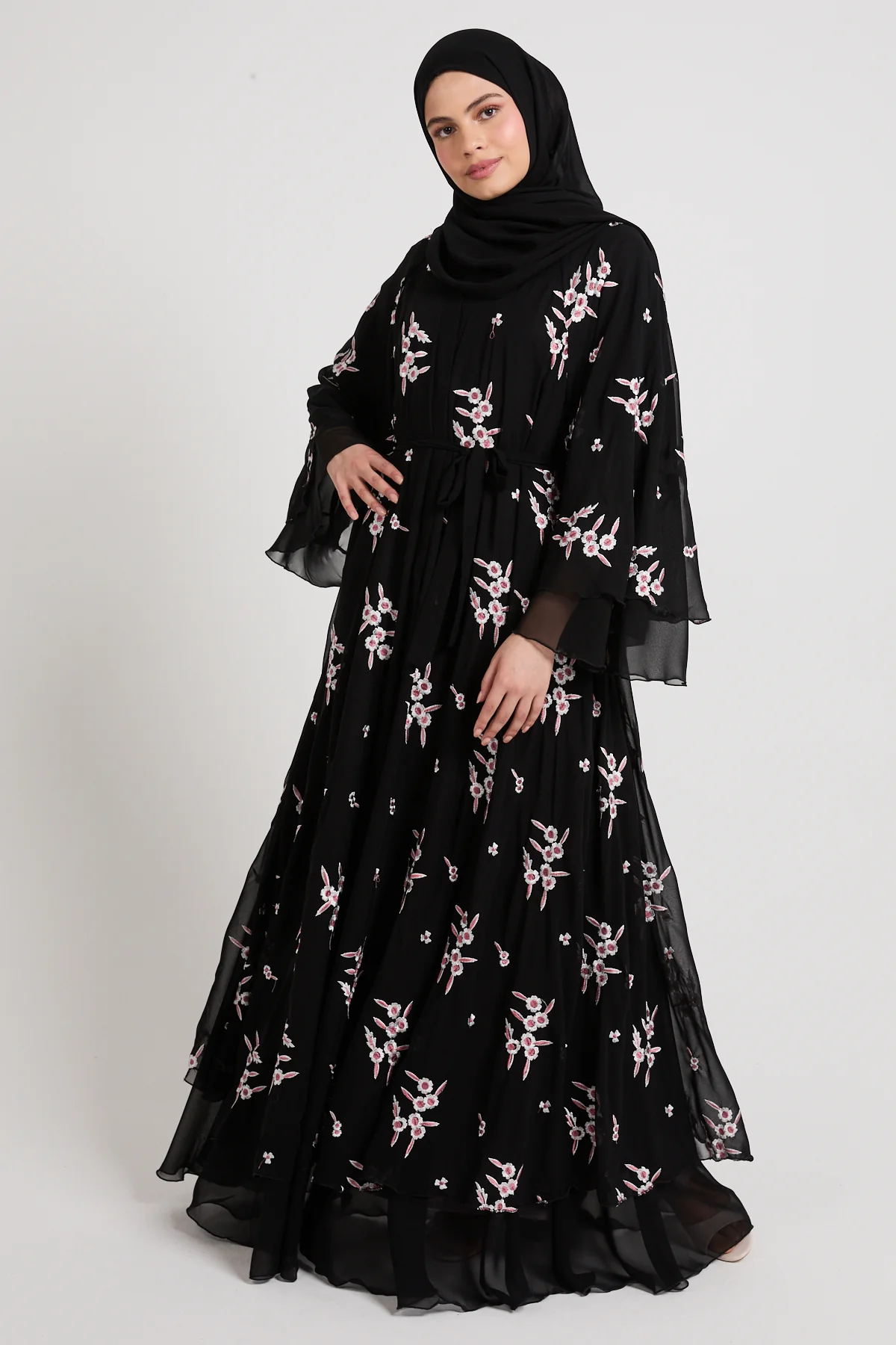 Premium Midnight Blossom Embroidered Chiffon Open Abaya - Image 5