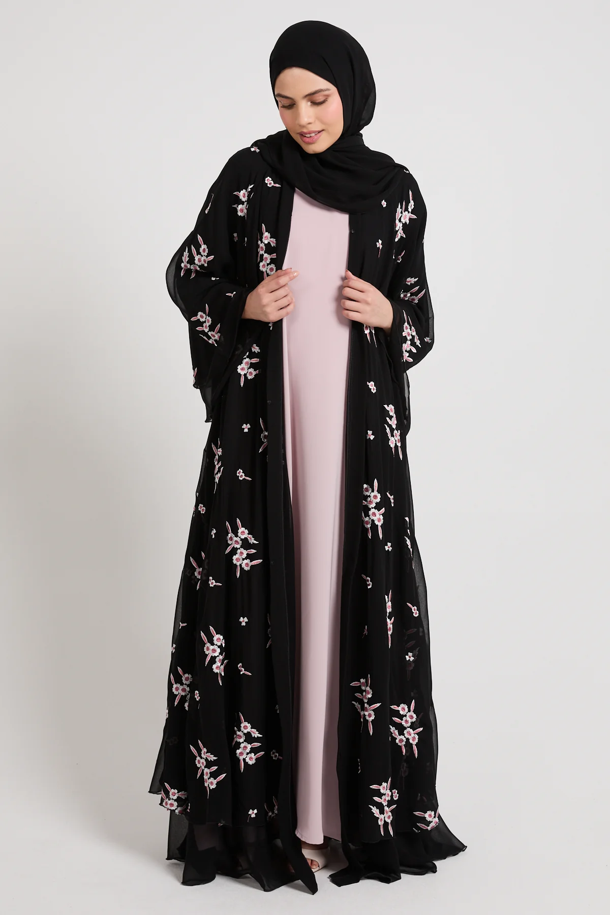 Premium Midnight Blossom Embroidered Chiffon Open Abaya - Image 6