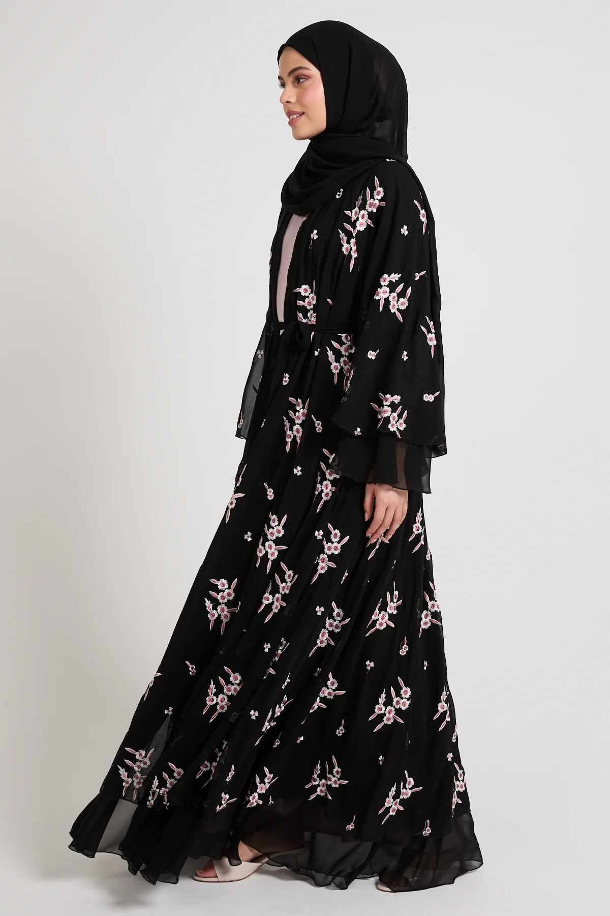 Premium Midnight Blossom Embroidered Chiffon Open Abaya - Image 7
