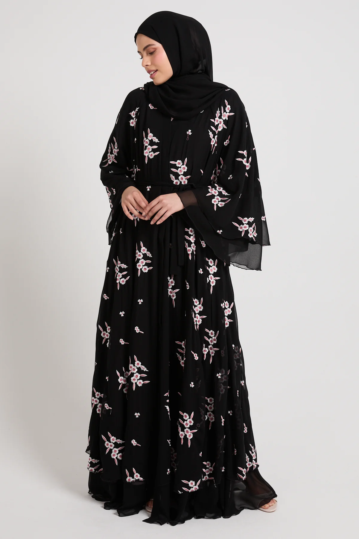Premium Midnight Blossom Embroidered Chiffon Open Abaya - Image 8