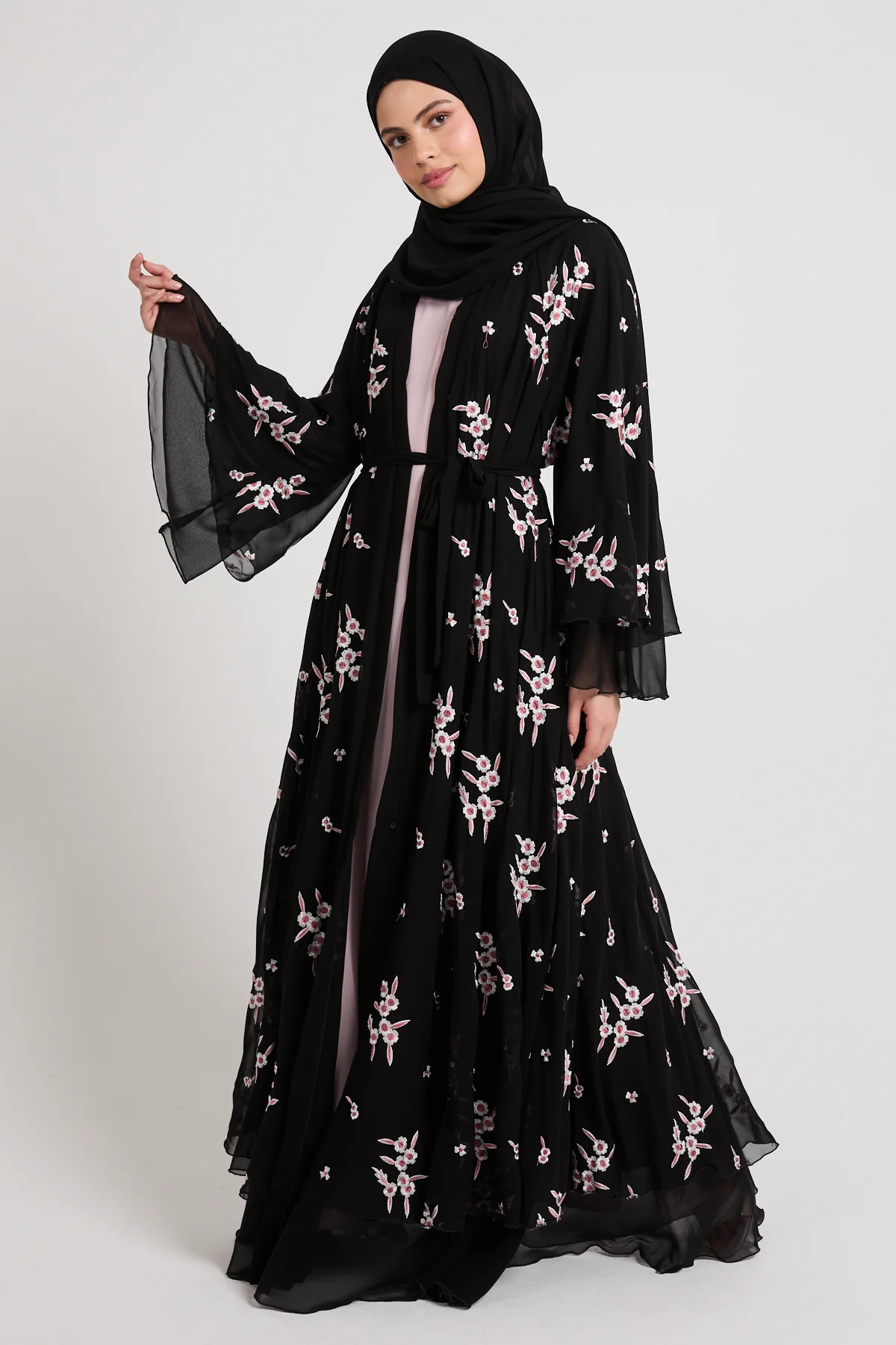 Premium Midnight Blossom Embroidered Chiffon Open Abaya - Image 9