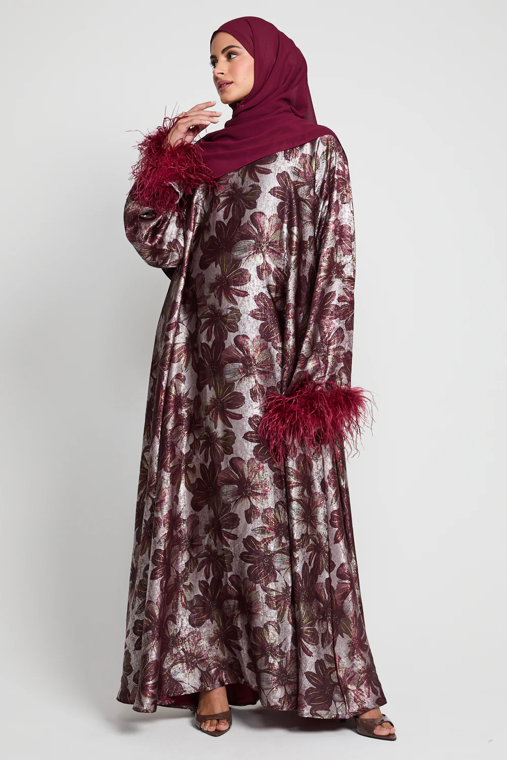 Luxury Midnight Rouge Closed Abaya with Feathers and Inner Belt - LIMITED EDITION
