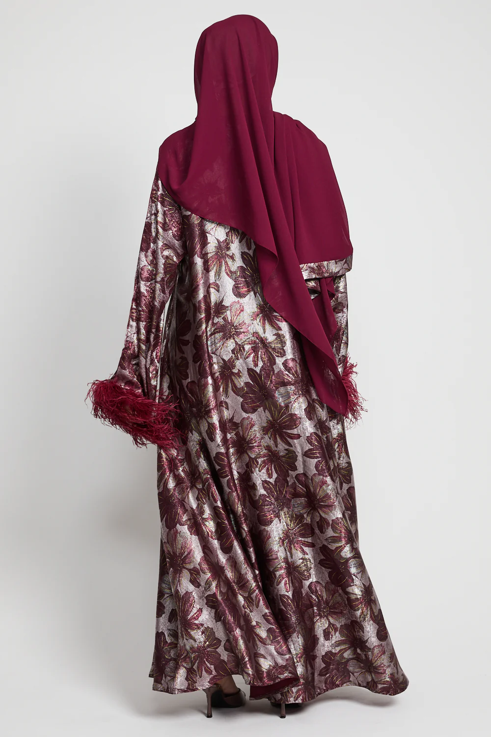 Luxury Midnight Rouge Closed Abaya with Feathers and Inner Belt - LIMITED EDITION - Image 10