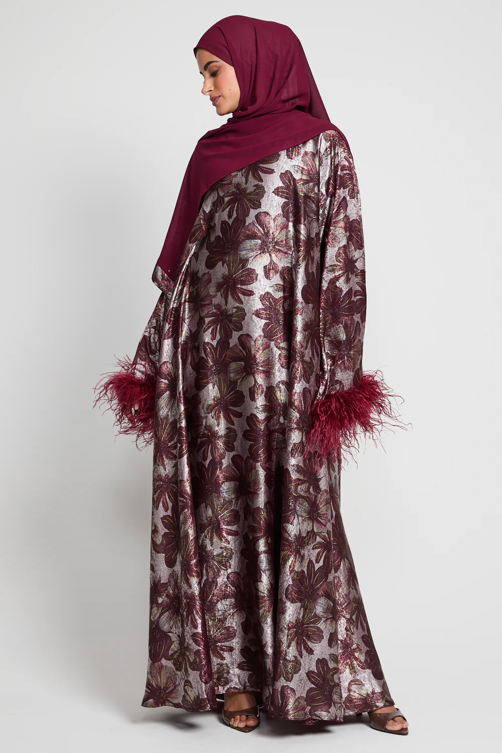 Luxury Midnight Rouge Closed Abaya with Feathers and Inner Belt - LIMITED EDITION - Image 5