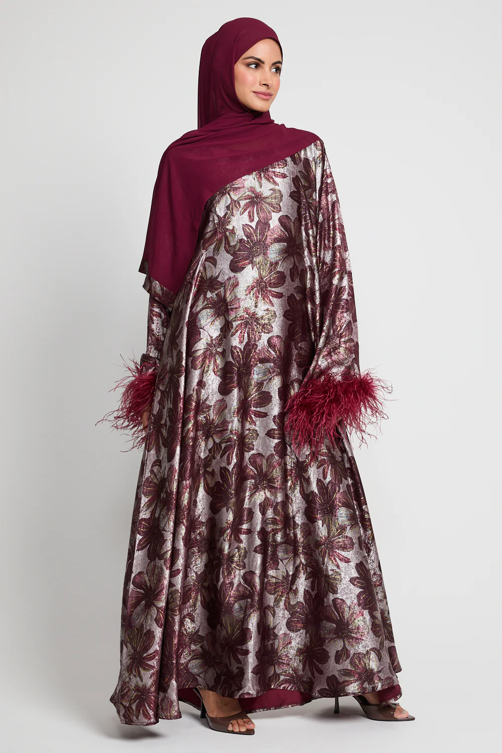 Luxury Midnight Rouge Closed Abaya with Feathers and Inner Belt - LIMITED EDITION - Image 6