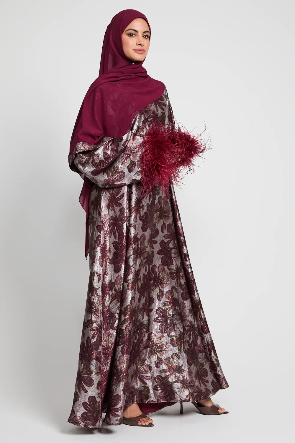 Luxury Midnight Rouge Closed Abaya with Feathers and Inner Belt - LIMITED EDITION - Image 8