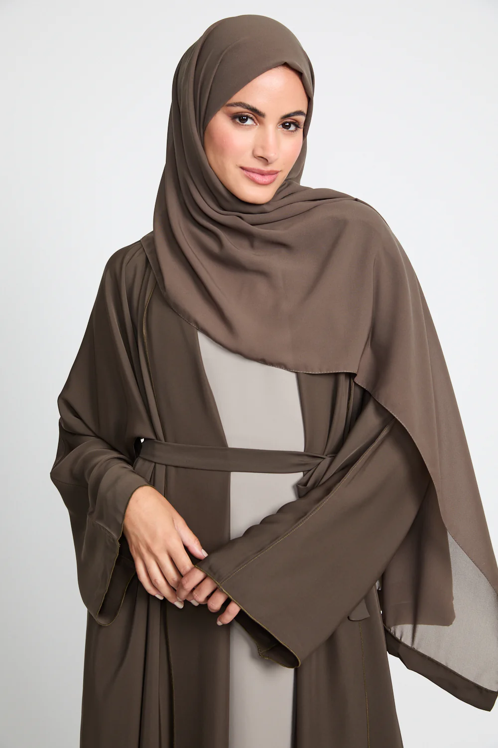 Premium Mocha Olive Open Abaya - Image 2