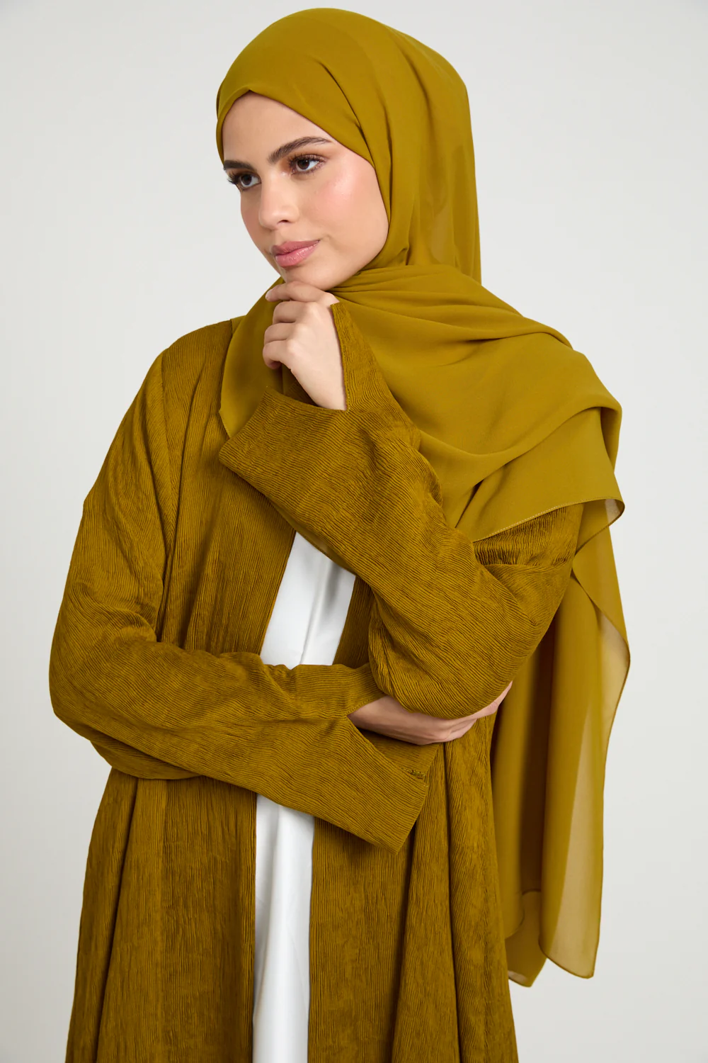 Premium Modern Muse Open Abaya - Golden Olive - Image 2