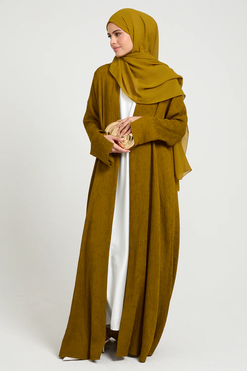 Premium Modern Muse Open Abaya - Golden Olive - Image 3