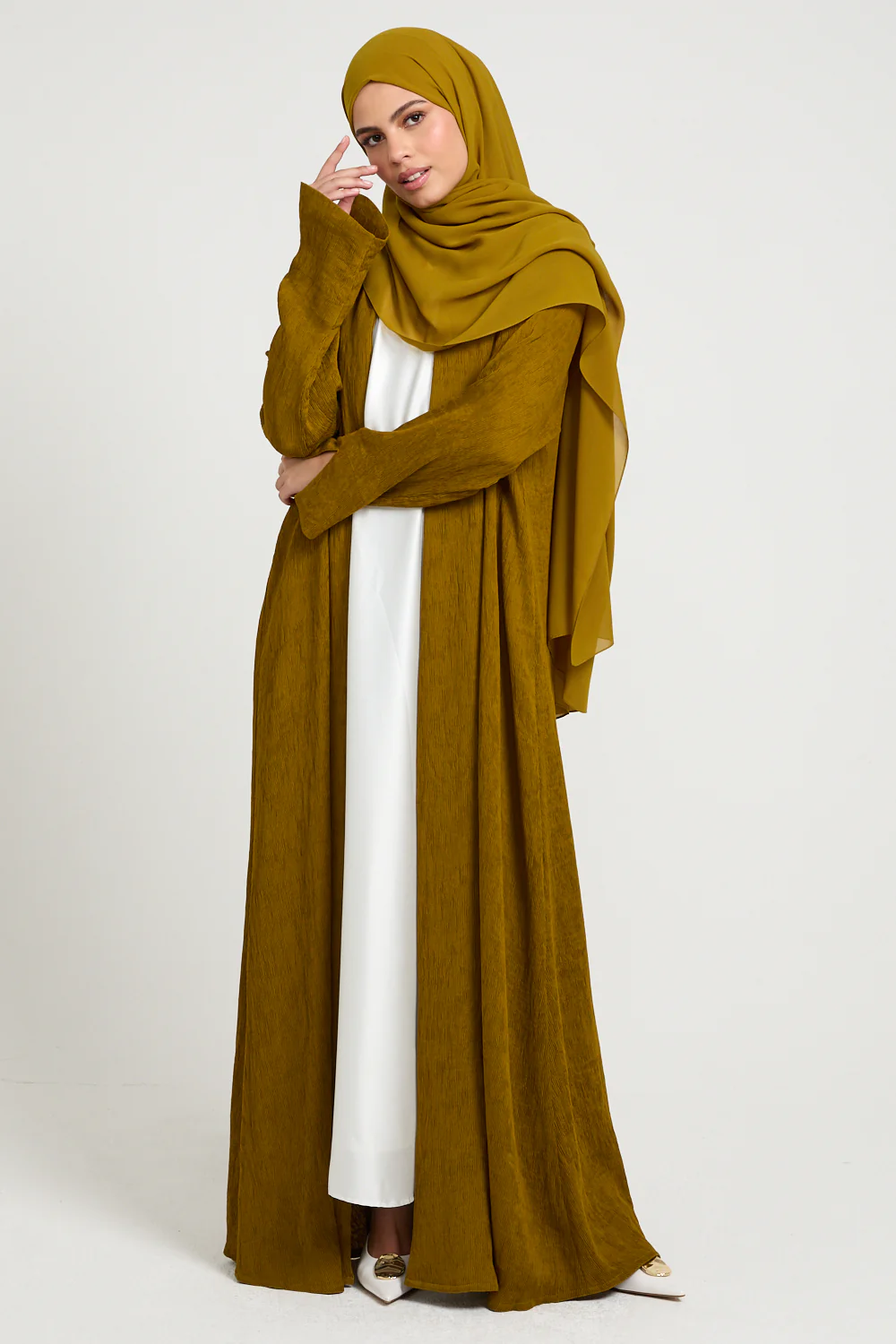 Premium Modern Muse Open Abaya - Golden Olive - Image 7