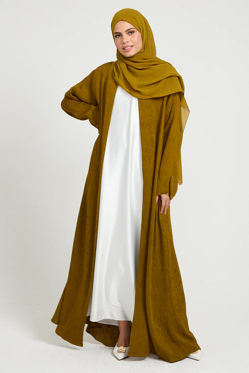 Premium Modern Muse Open Abaya - Golden Olive - Image 9