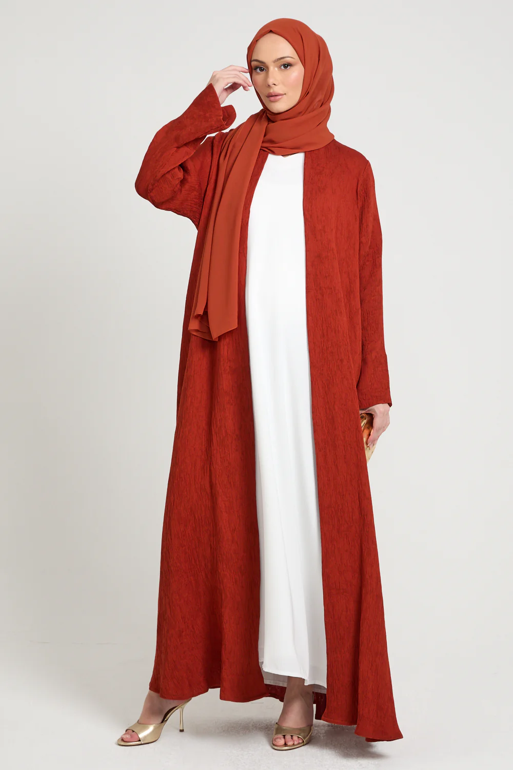 Premium Modern Muse Open Abaya - Terracotta - Image 3