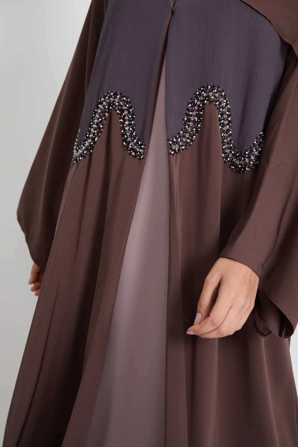 Premium Moonlit Embrace Embellished Open Abaya - Mocha Berry - Image 4