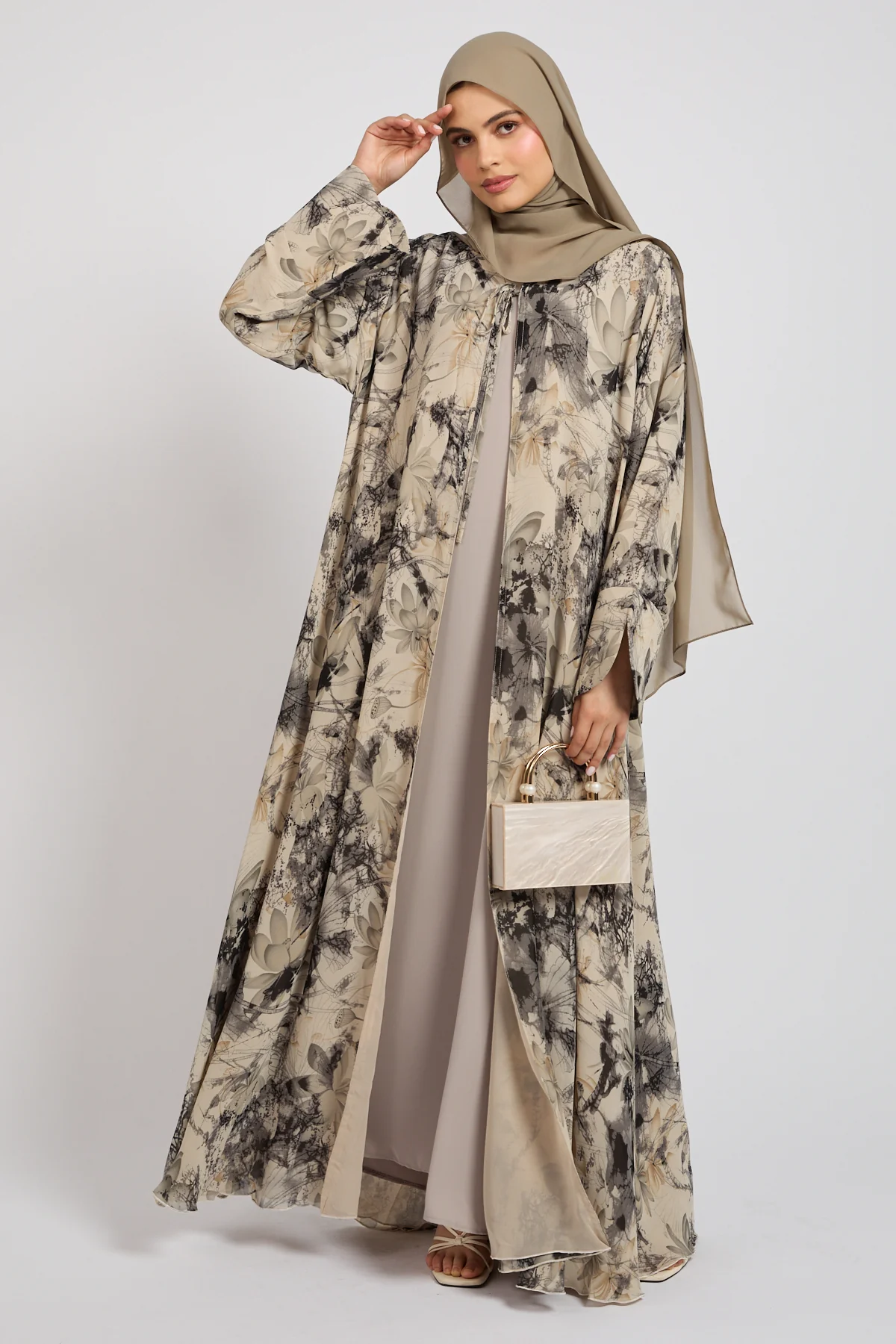 Premium Moonlit Garden Tie Front Chiffon Open Abaya  - LIMITED EDITION
