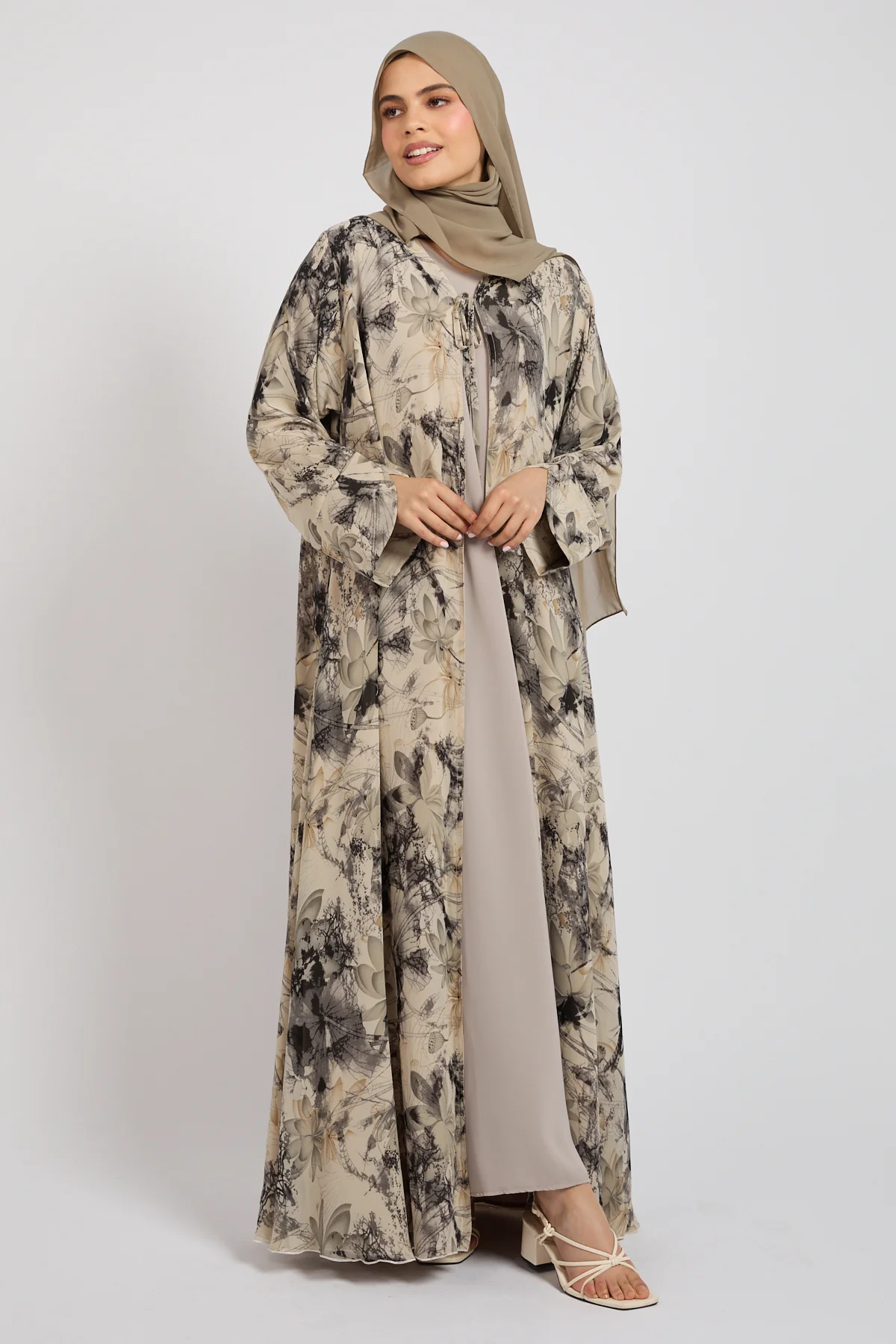 Premium Moonlit Garden Tie Front Chiffon Open Abaya  - LIMITED EDITION - Image 3