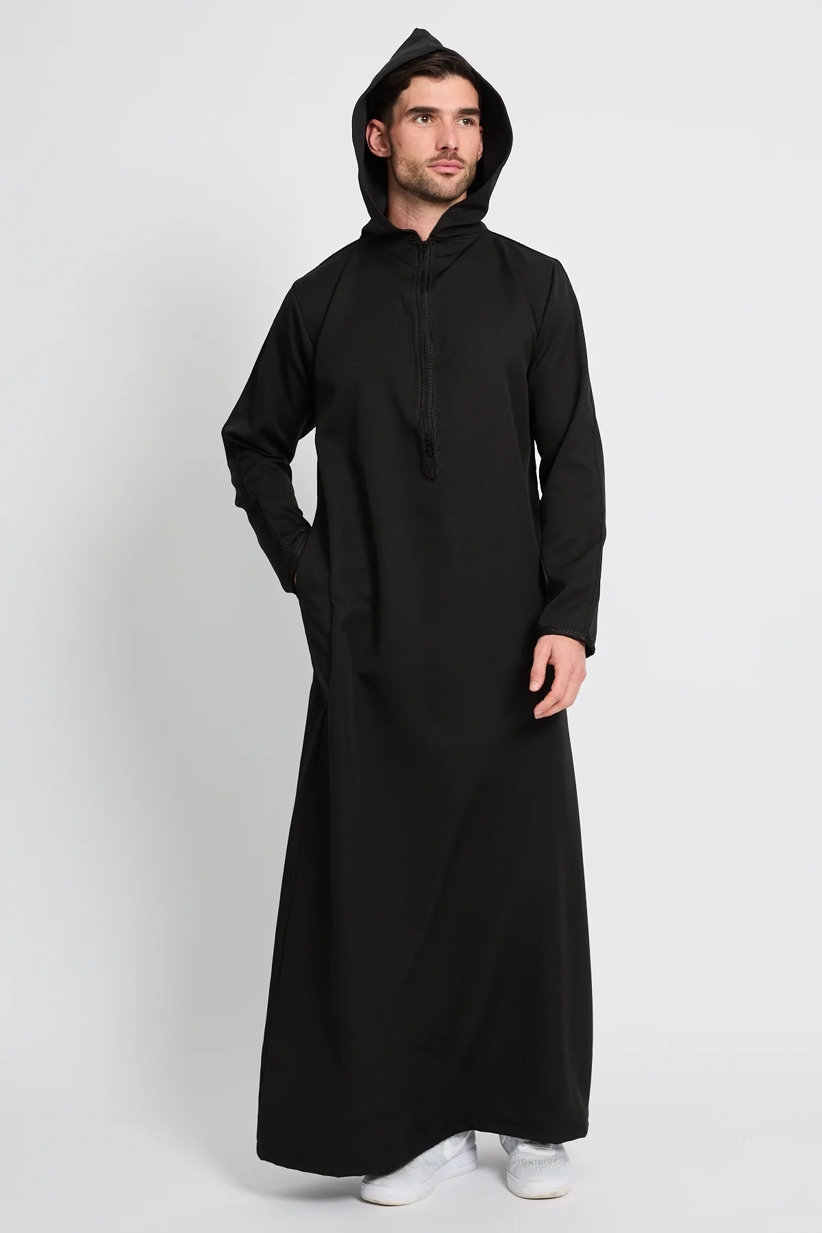 Premium Moroccan Thobe With Hood - Black - Image 3