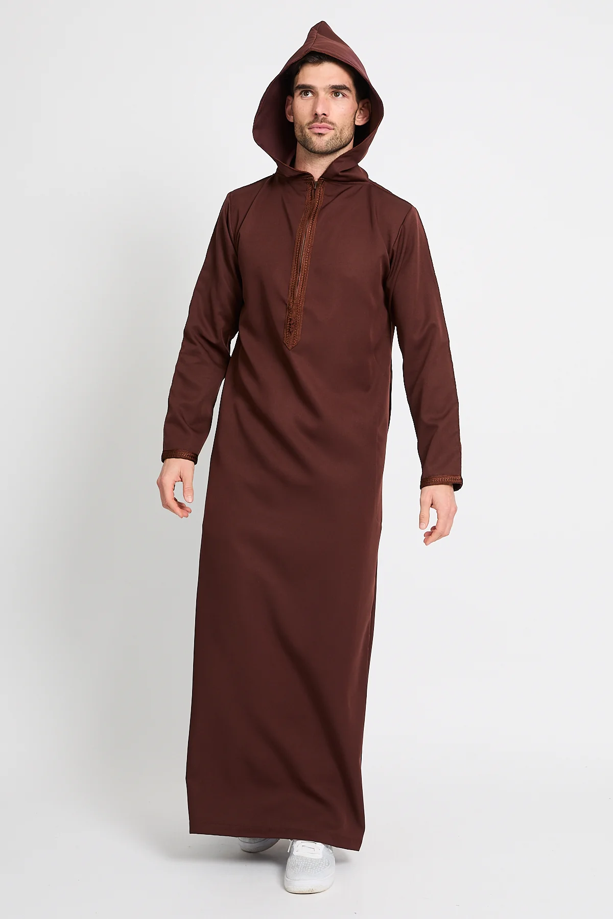 Premium Moroccan Thobe With Hood - Mahogany Dusk - Image 3