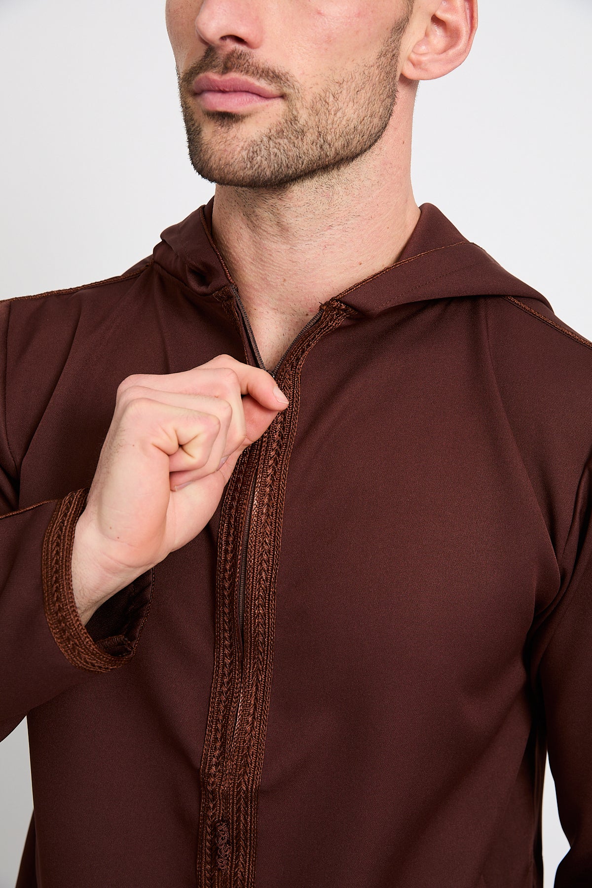 Premium Moroccan Thobe With Hood - Mahogany Dusk - Image 5