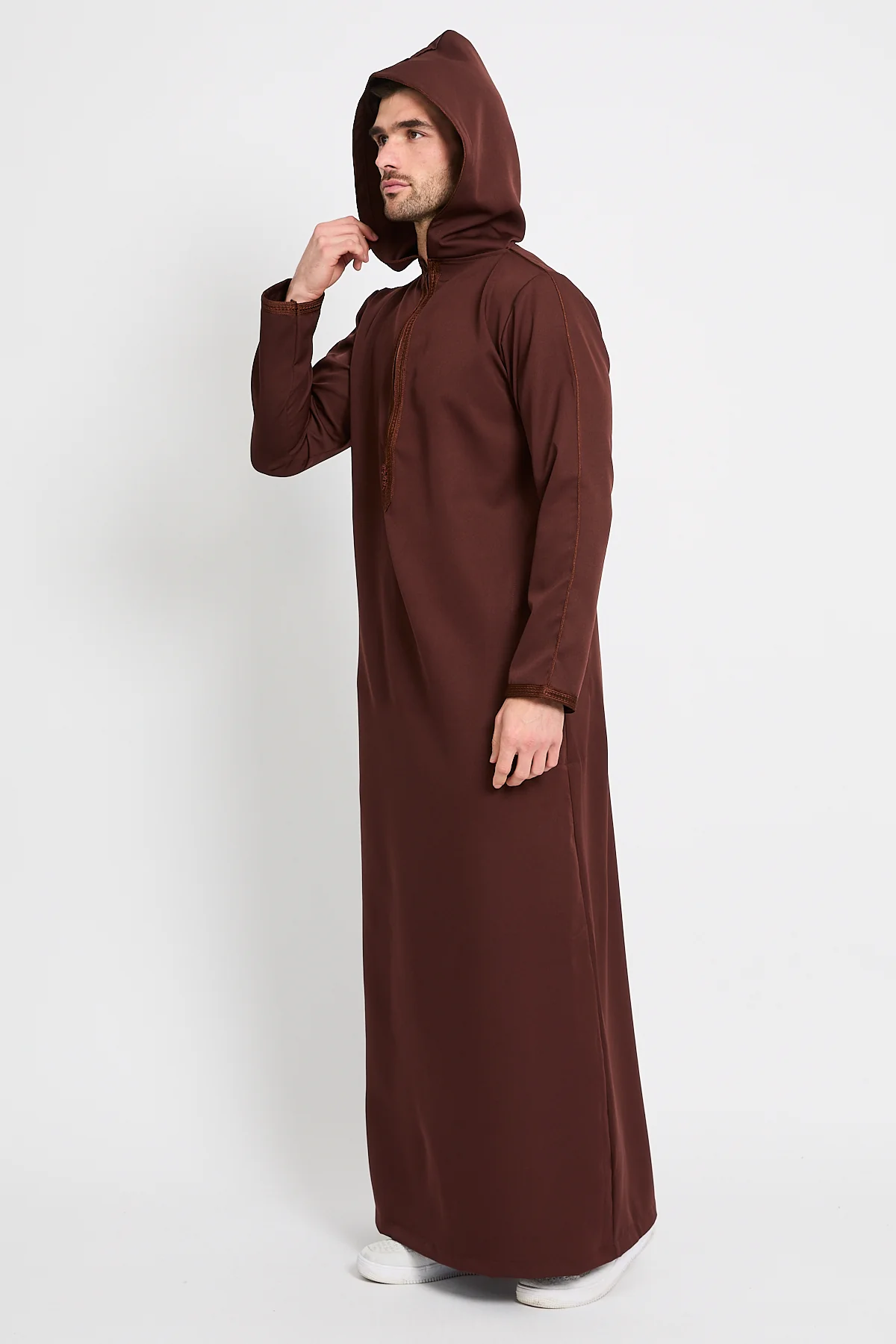 Premium Moroccan Thobe With Hood - Mahogany Dusk - Image 6