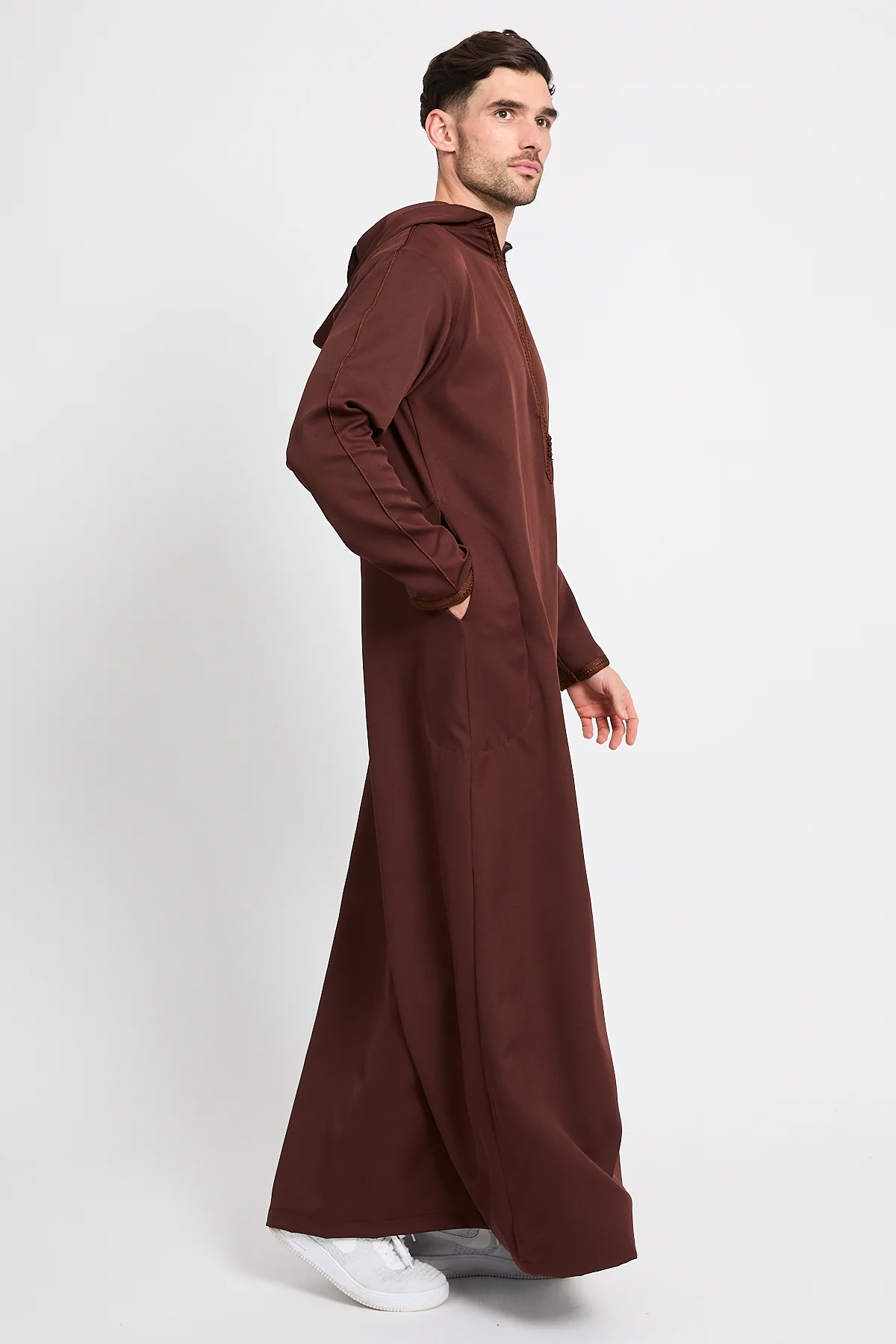 Premium Moroccan Thobe With Hood - Mahogany Dusk - Image 7