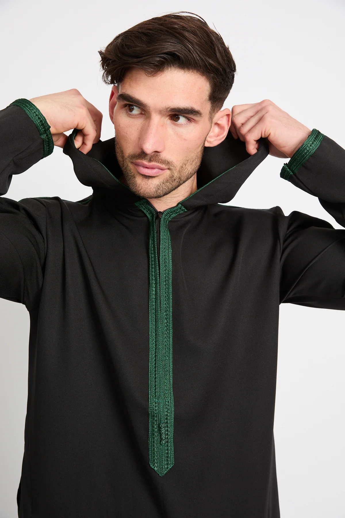 Premium Moroccan Thobe With Hood - Noir Emerald - Image 5