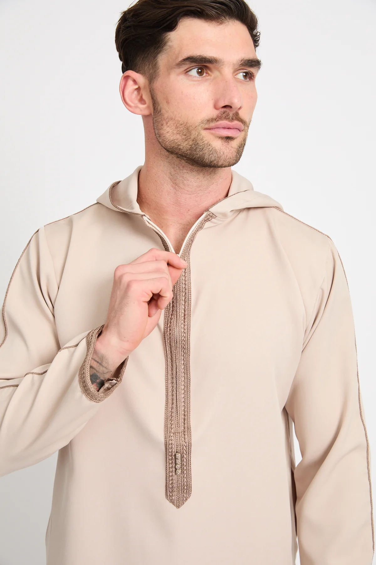 Premium Moroccan Thobe With Hood - Soft Sand - Image 4