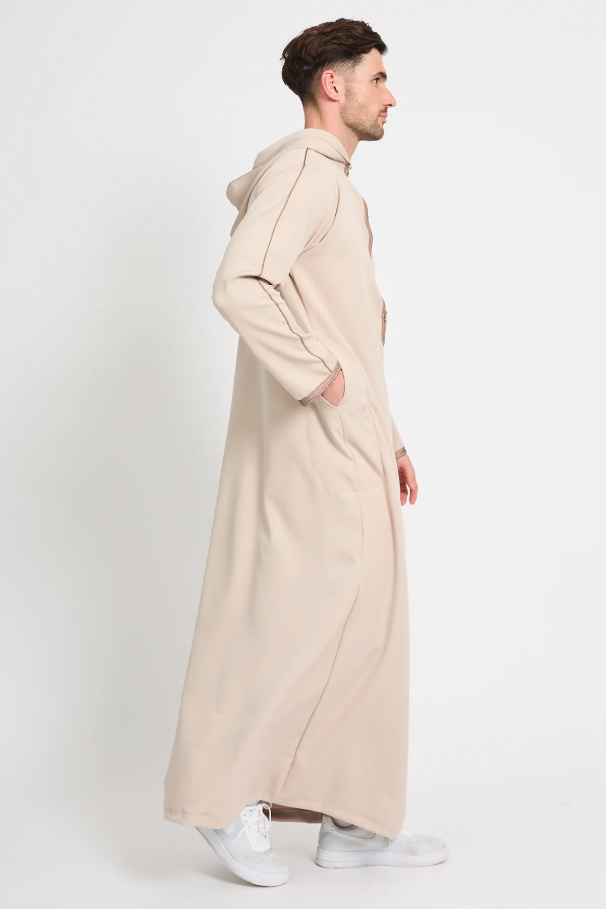 Premium Moroccan Thobe With Hood - Soft Sand - Image 7
