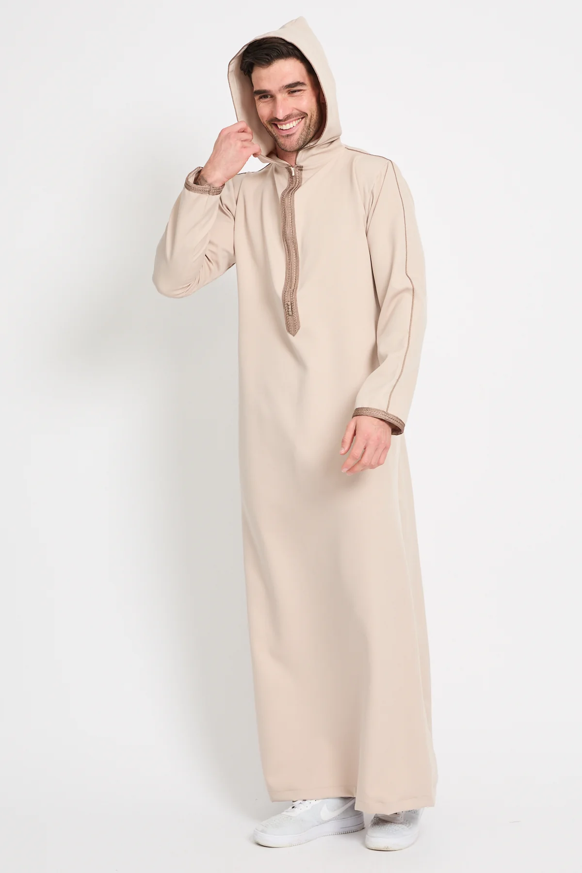 Premium Moroccan Thobe With Hood - Soft Sand - Image 9