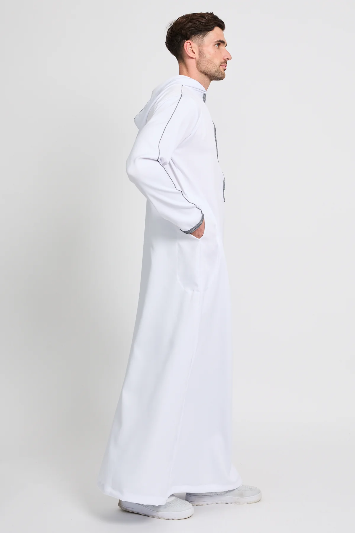 Premium Moroccan Thobe With Hood - White - Image 4