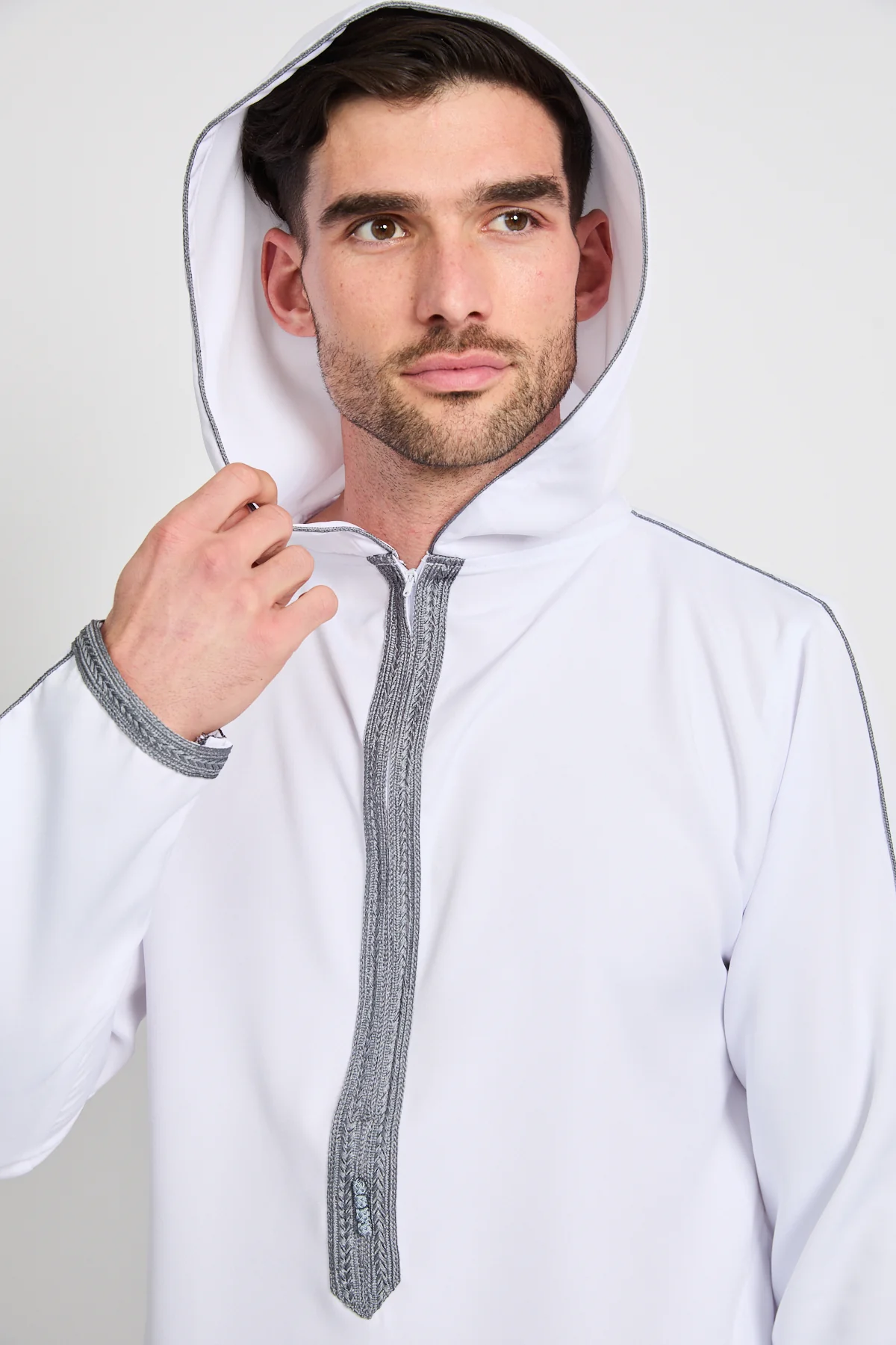 Premium Moroccan Thobe With Hood - White - Image 5