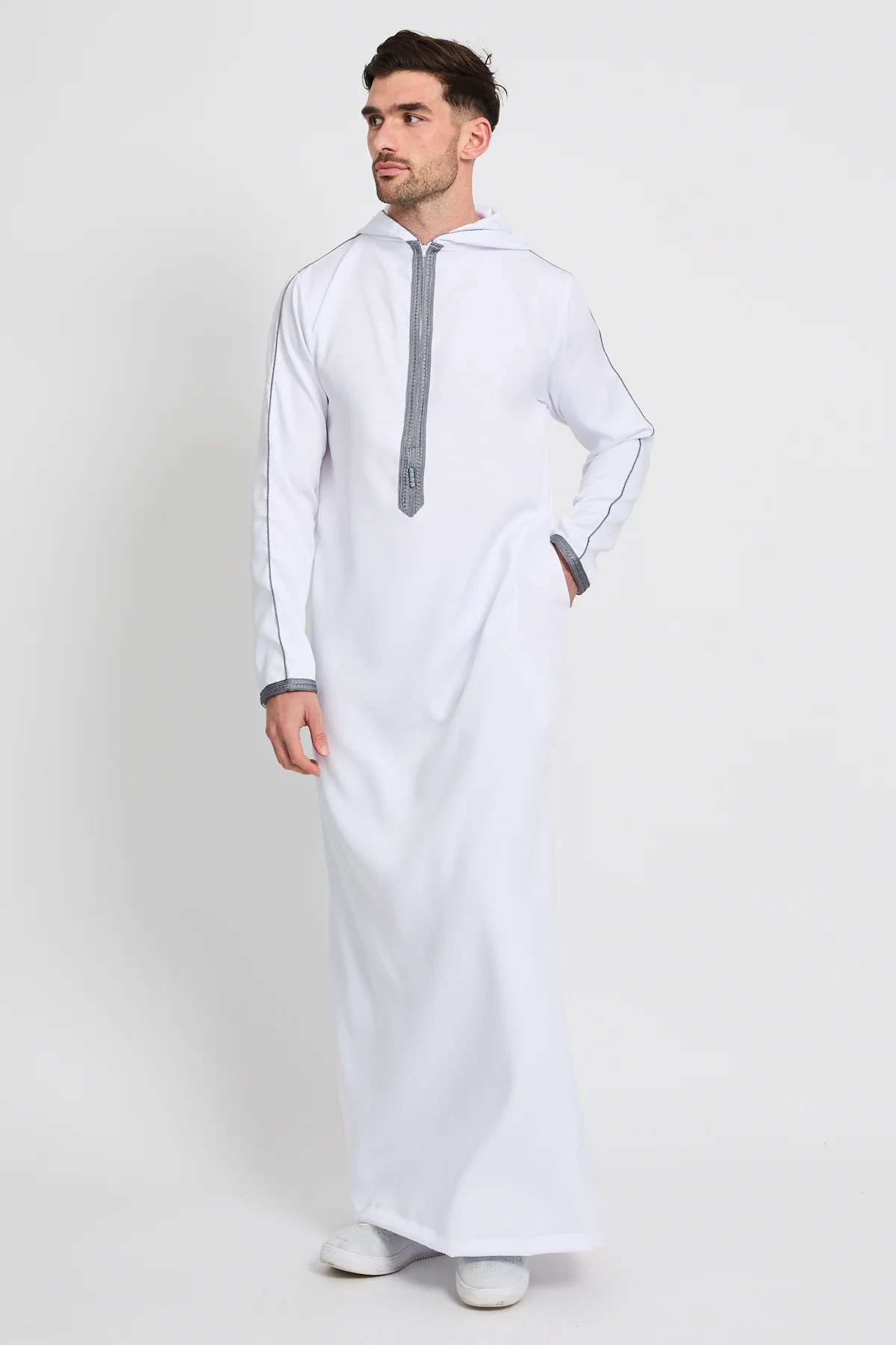 Premium Moroccan Thobe With Hood - White - Image 7