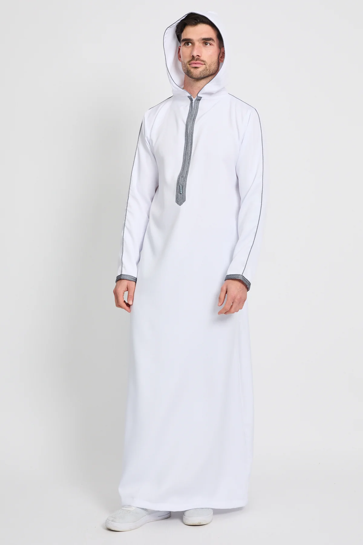 Premium Moroccan Thobe With Hood - White - Image 9