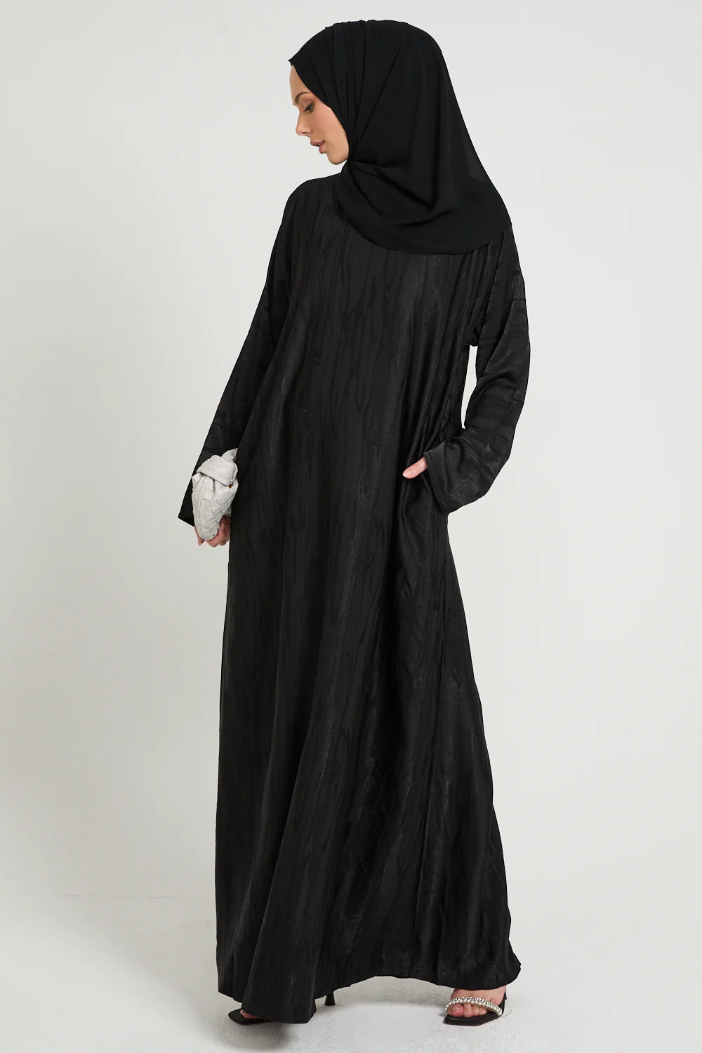 Premium Nightfall Mirage Textured Closed Abaya with Pockets - Black - Image 3