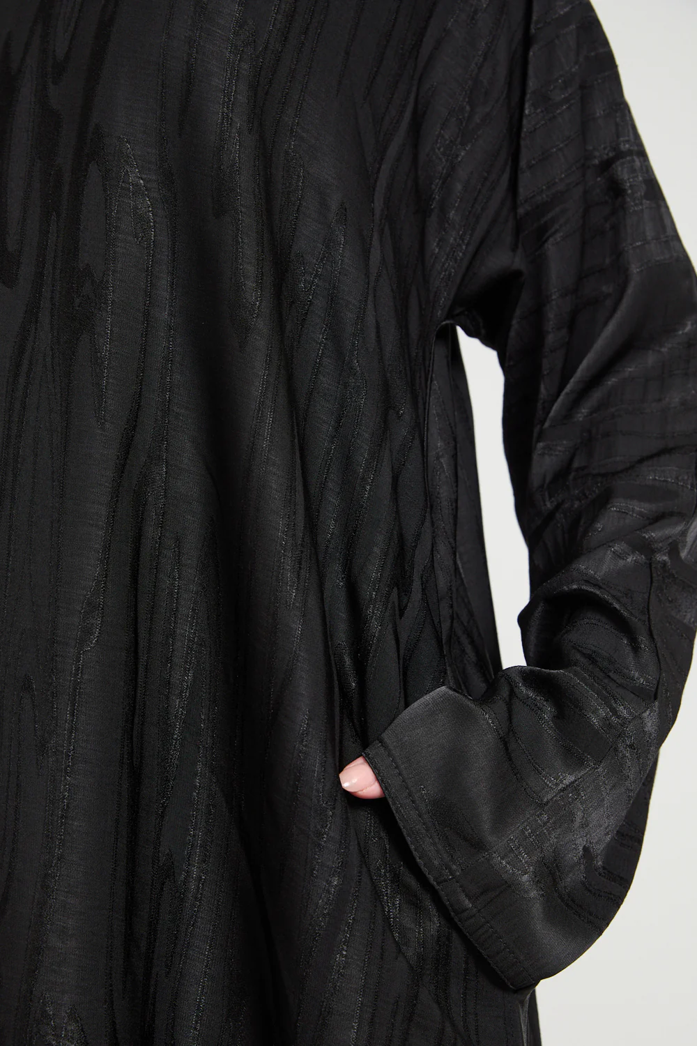 Premium Nightfall Mirage Textured Closed Abaya with Pockets - Black - Image 4