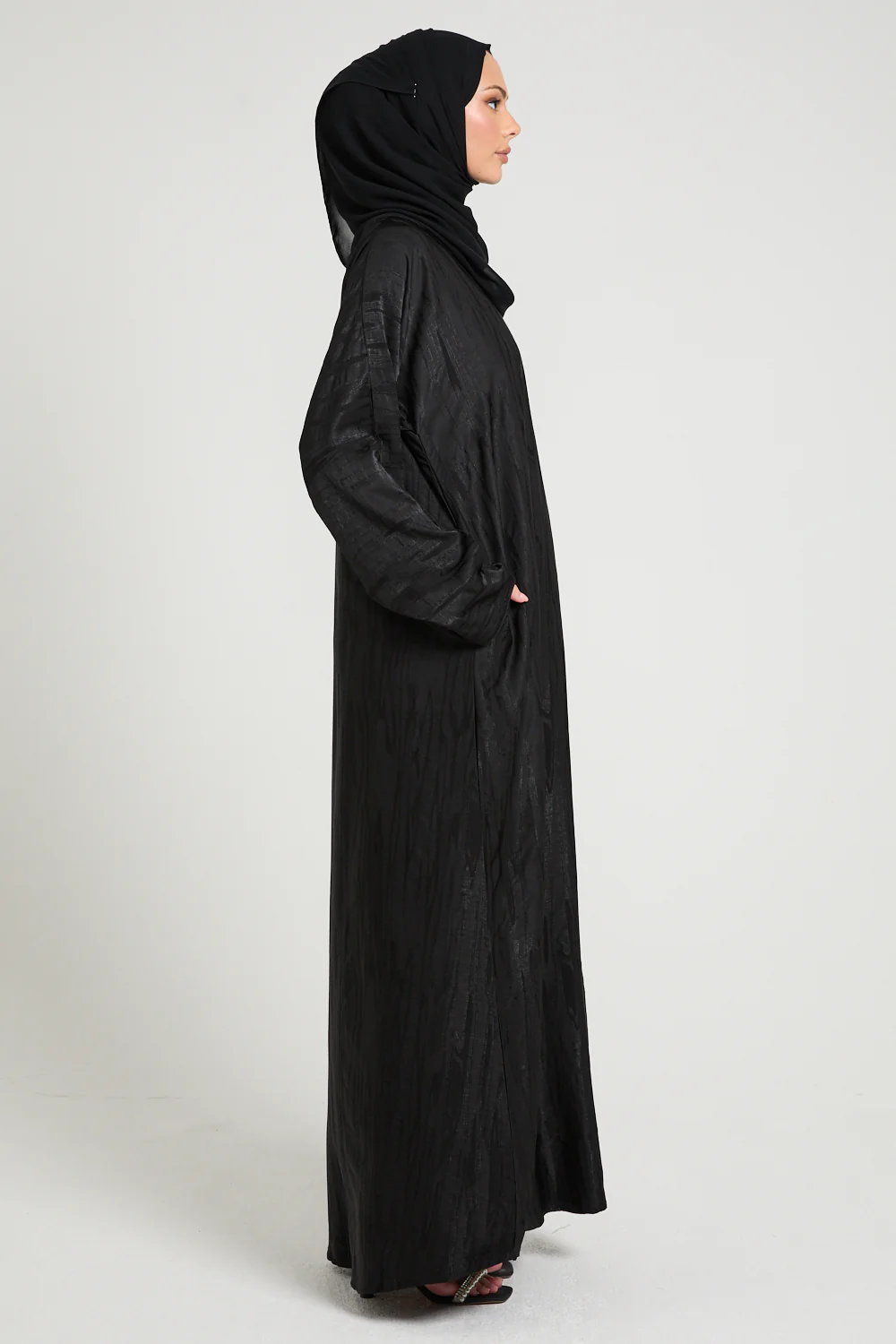 Premium Nightfall Mirage Textured Closed Abaya with Pockets - Black - Image 5