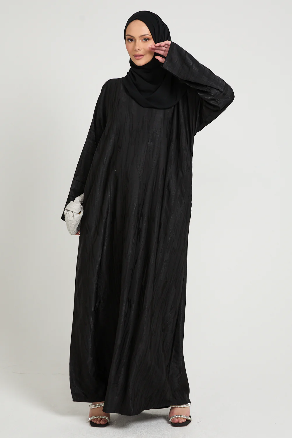 Premium Nightfall Mirage Textured Closed Abaya with Pockets - Black - Image 6
