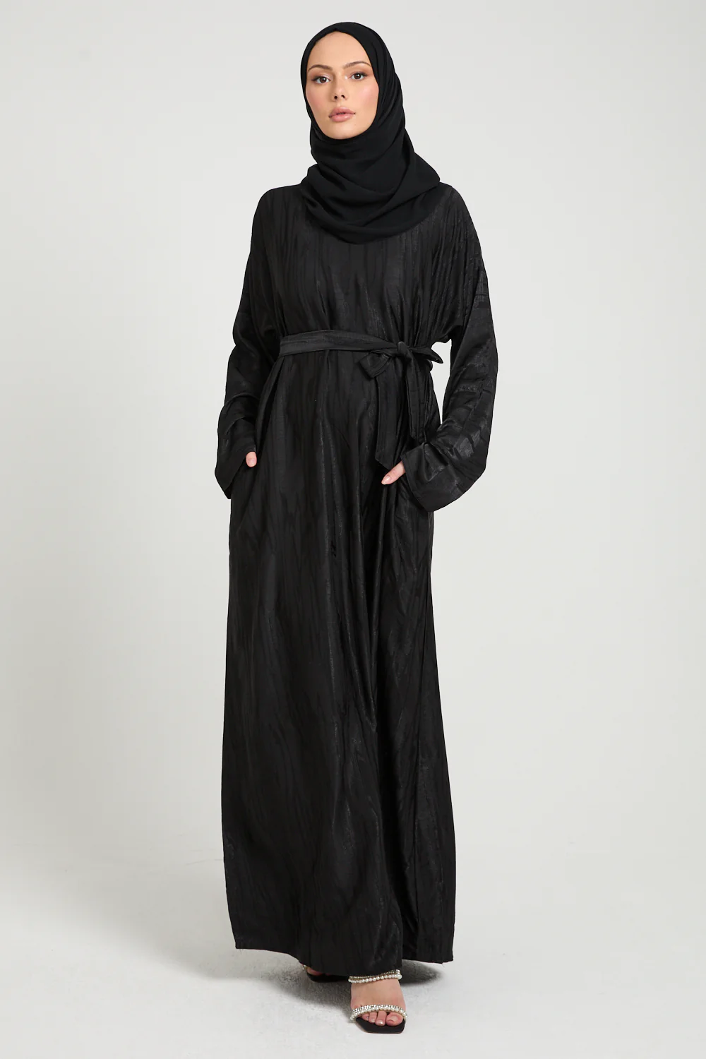 Premium Nightfall Mirage Textured Closed Abaya with Pockets - Black - Image 8