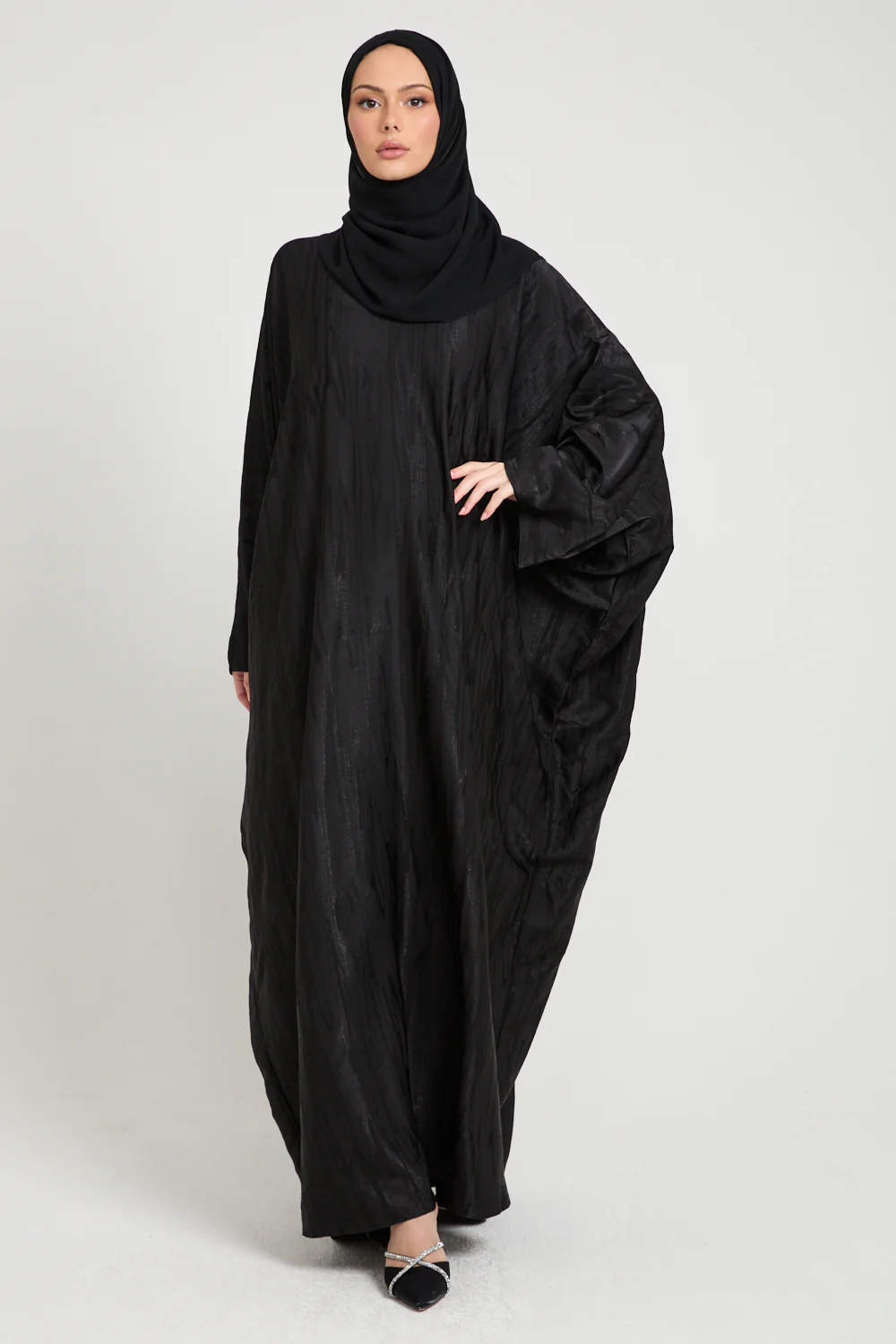 Premium Nightfall Mirage Textured Closed  Farasha - Black - Image 7