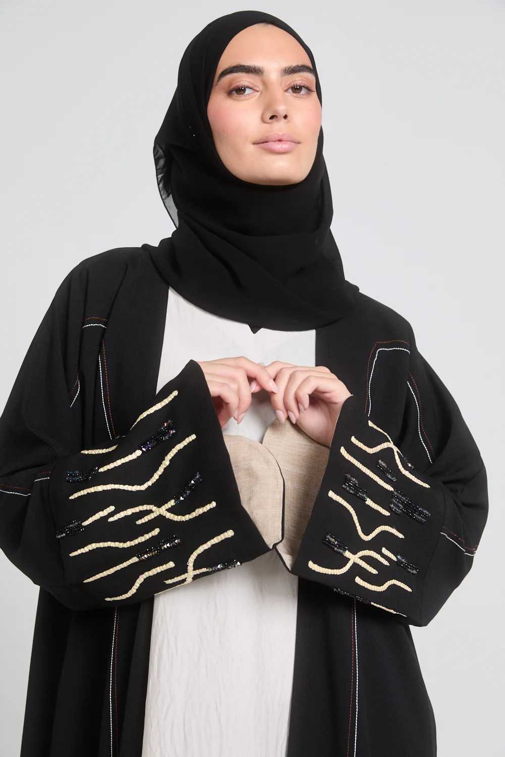 Premium Noir Luxe Abaya with Embroidered Embellished Cuff - Image 2