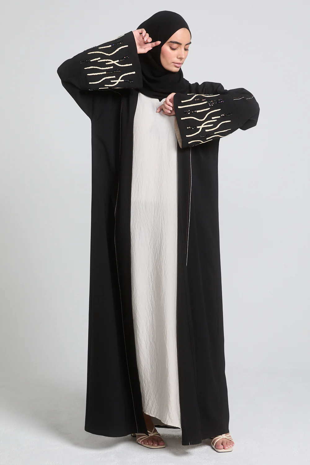 Premium Noir Luxe Abaya with Embroidered Embellished Cuff - Image 3