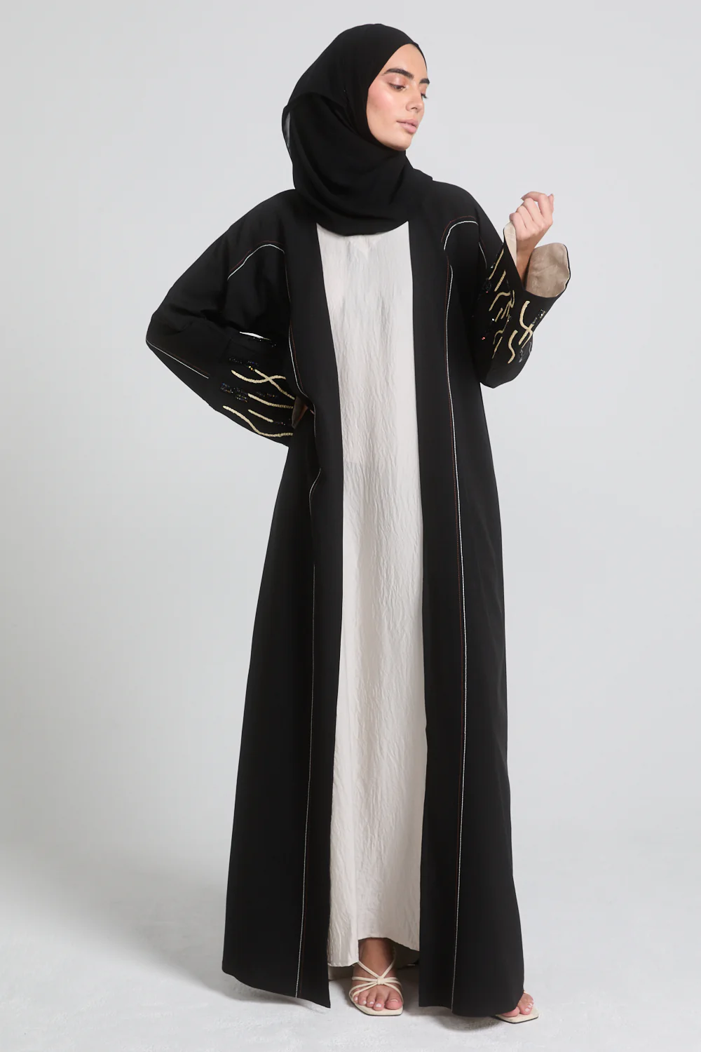 Premium Noir Luxe Abaya with Embroidered Embellished Cuff - Image 4
