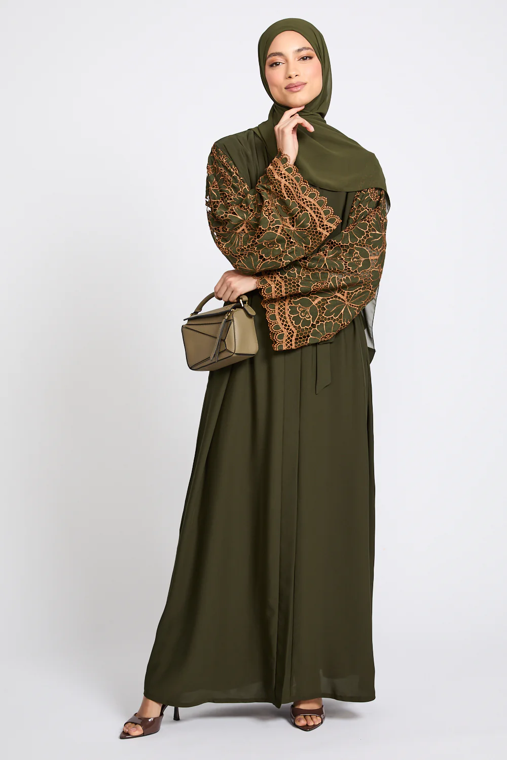 Premium Olive Blossom Lace Detail Open Abaya - LIMITED EDITION