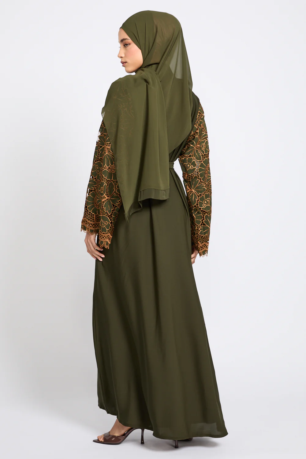 Premium Olive Blossom Lace Detail Open Abaya - LIMITED EDITION - Image 10