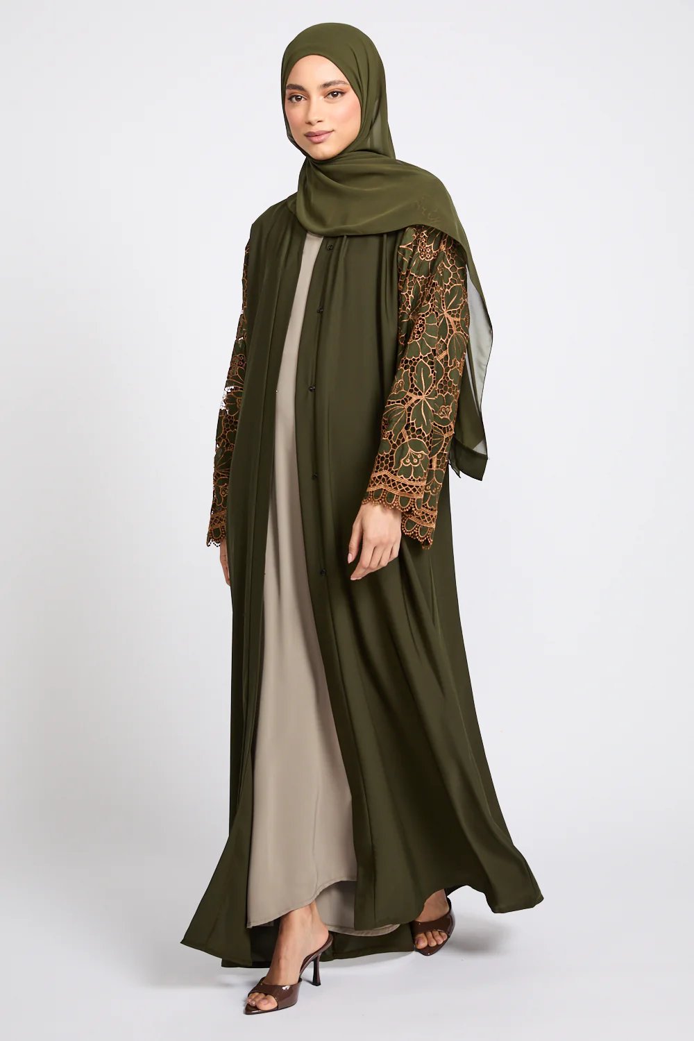 Premium Olive Blossom Lace Detail Open Abaya - LIMITED EDITION - Image 3