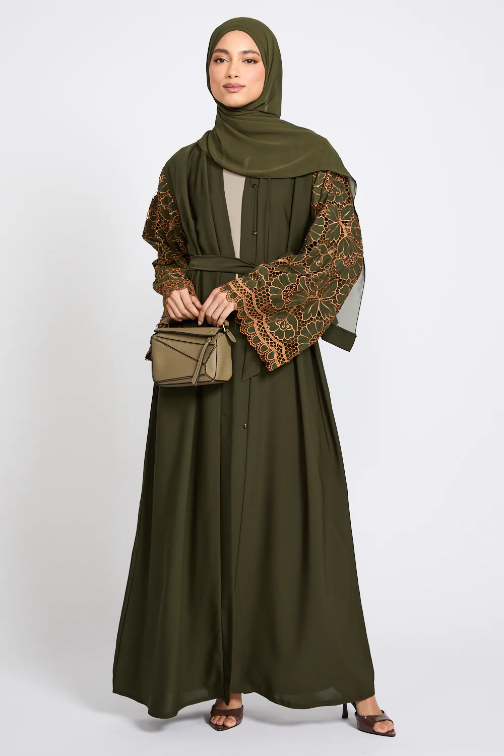 Premium Olive Blossom Lace Detail Open Abaya - LIMITED EDITION - Image 4