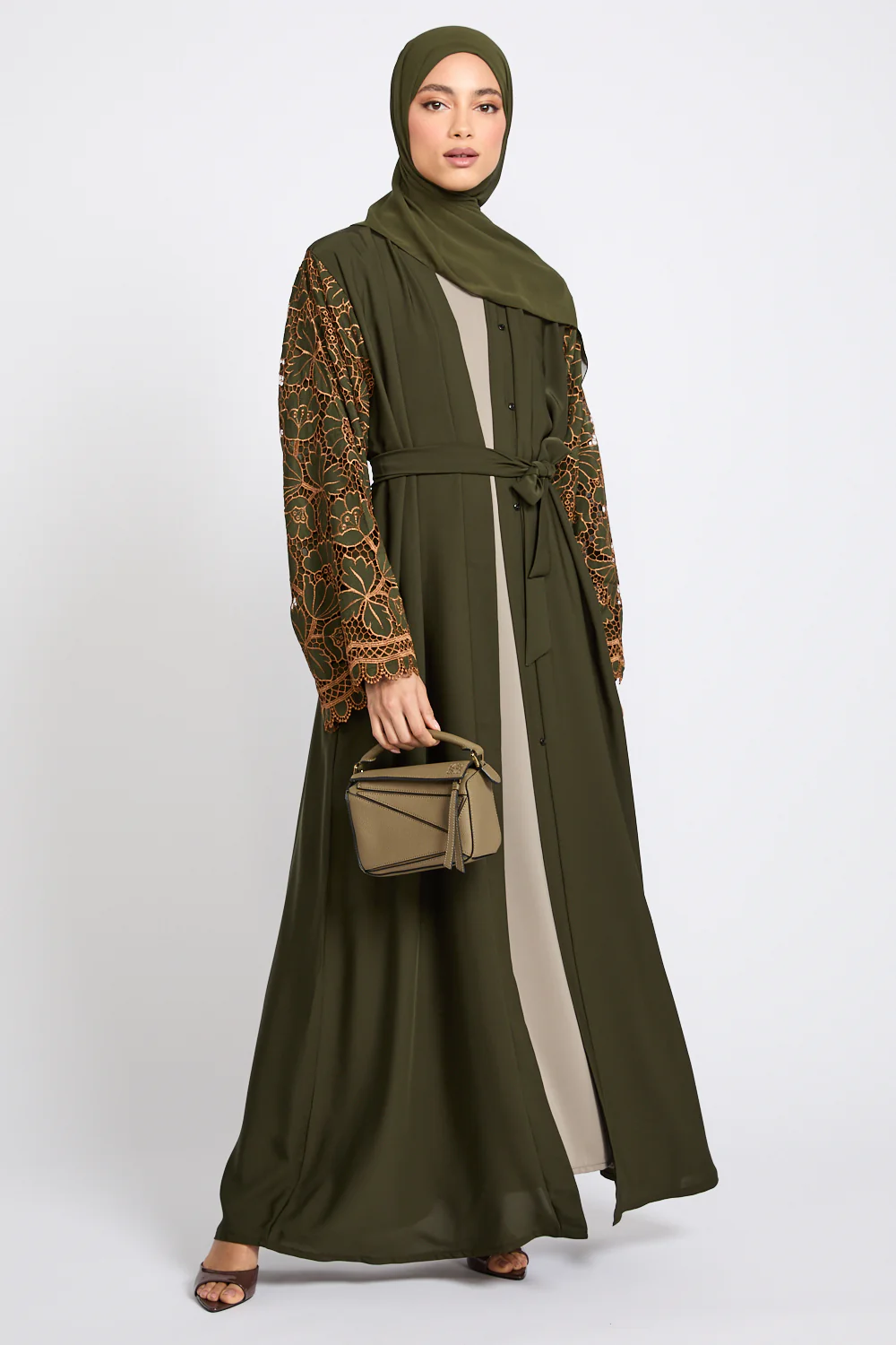 Premium Olive Blossom Lace Detail Open Abaya - LIMITED EDITION - Image 5