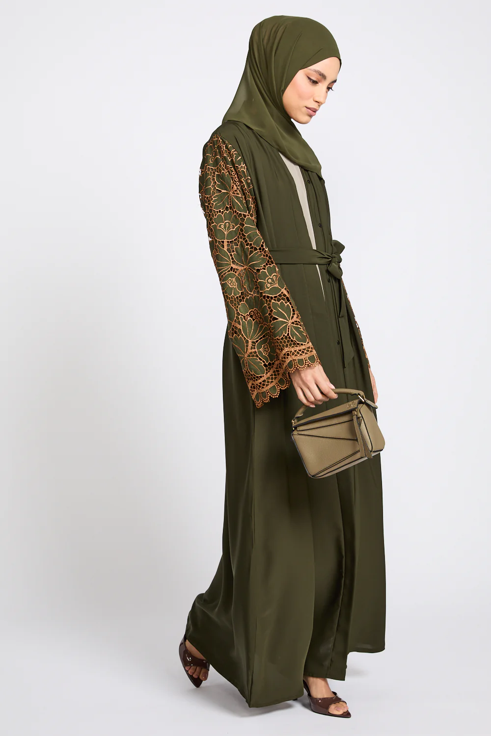 Premium Olive Blossom Lace Detail Open Abaya - LIMITED EDITION - Image 6