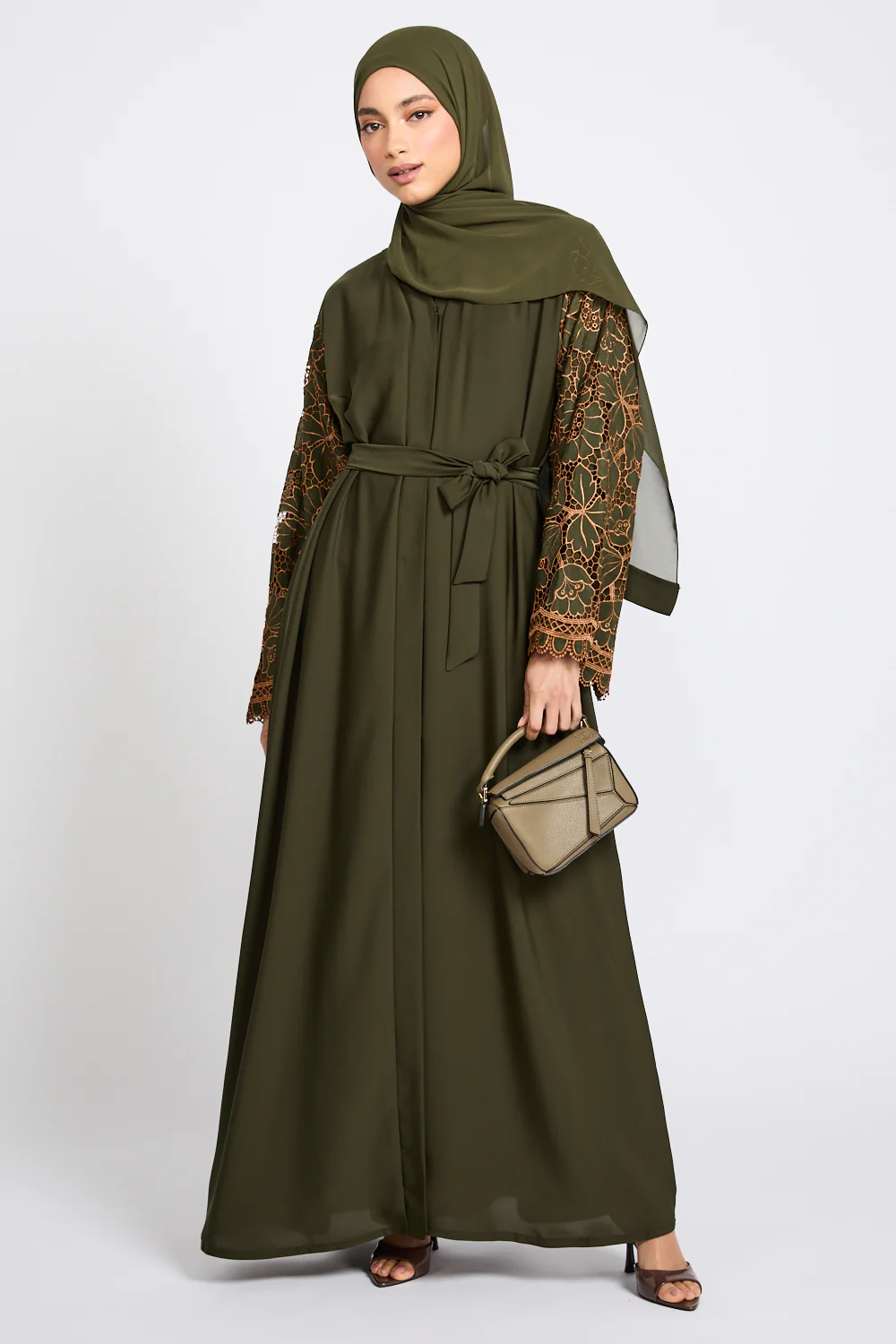 Premium Olive Blossom Lace Detail Open Abaya - LIMITED EDITION - Image 7