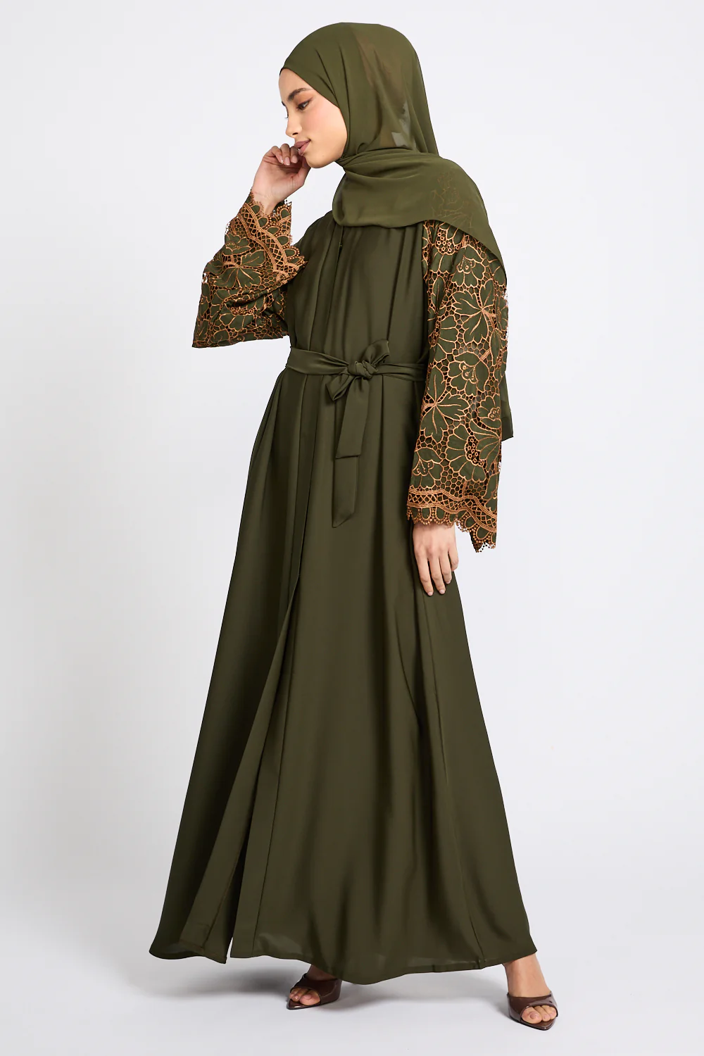 Premium Olive Blossom Lace Detail Open Abaya - LIMITED EDITION - Image 8