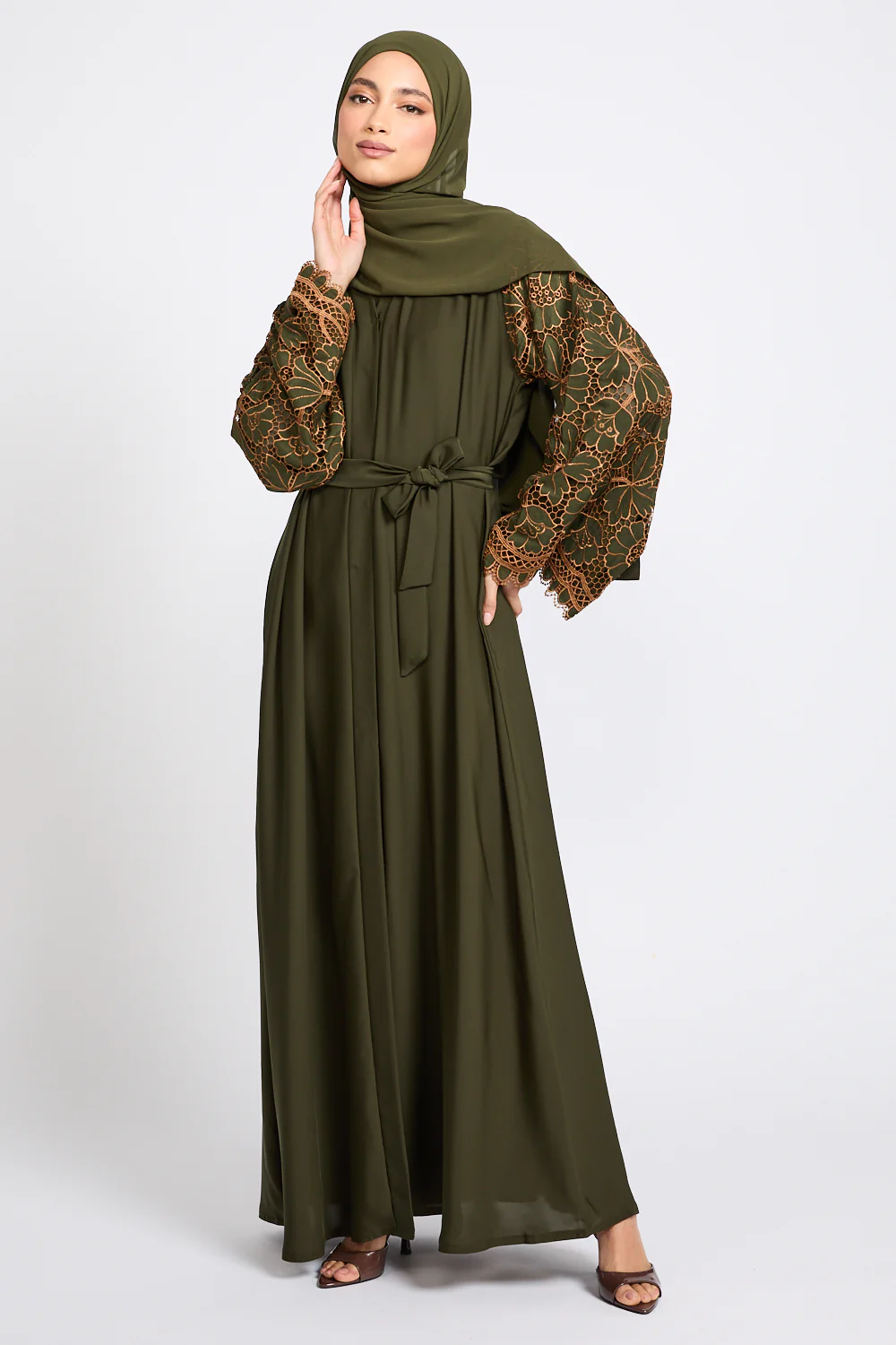 Premium Olive Blossom Lace Detail Open Abaya - LIMITED EDITION - Image 9